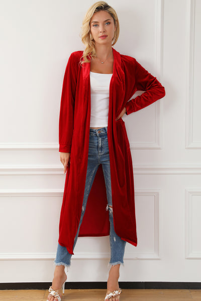 Fiery Red Velvet Open Front Pocketed Long Duster-Tops-MomFashion