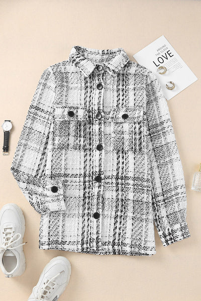 White Plaid Print Pocketed Shirt Jacket-Outerwear-MomFashion