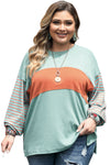 Green Plus Size Striped Long Sleeve Colorblock Tee with Slits-Plus Size-MomFashion