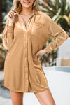 Light French Beige Velvet Button Front Shirt Mini Dress-Dresses-MomFashion