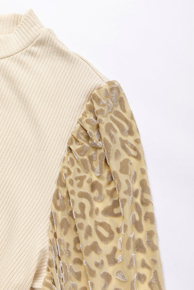 Apricot Leopard Print Long Sleeve Ribbed Knit Blouse-Tops-MomFashion