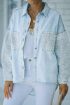 Sky Blue Contrast Leopard Denim Jacket-Outerwear-MomFashion