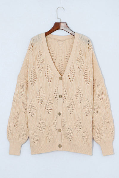 Apricot Plus Size Knitted Hollow out Button up Cardigan-Plus Size-MomFashion