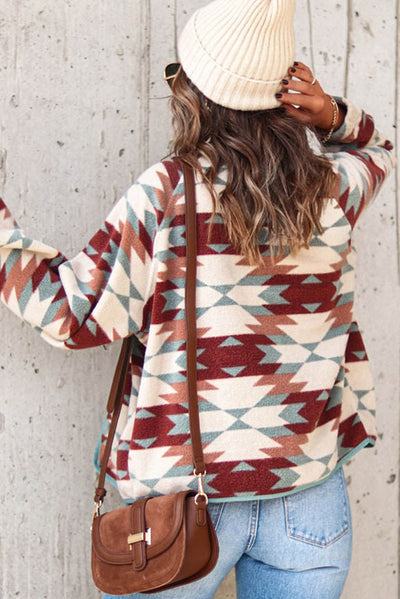 Fiery Red Geometric Aztec Pattern Plus Size Fleece Jacket-Plus Size-MomFashion