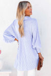 Sky Blue Smocked Cuffed Striped Boyfriend Shirt with Pocket-Tops-MomFashion