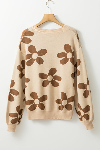 Parchment Big Flower Knit Ribbed Trim Sweater-Tops-MomFashion