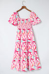 Pink Brush Stroke Printed Smocked Ruffle Tiered Dress-Dresses-MomFashion