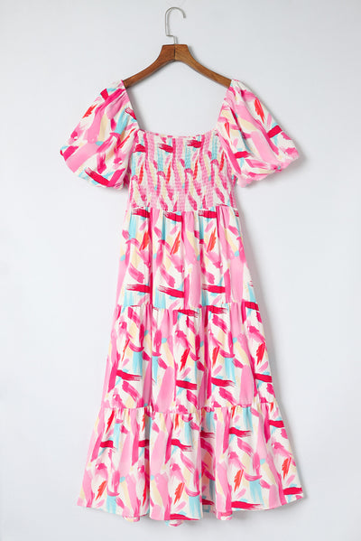 Pink Brush Stroke Printed Smocked Ruffle Tiered Dress-Dresses-MomFashion