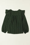 Blackish Green Lace Eyelet Ruffle Shoulder Long Sleeve Blouse-Tops-MomFashion