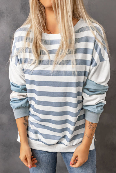 Stripe Drop Shoulder Striped Pullover Sweatshirt-Tops-MomFashion