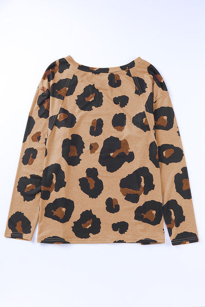 Leopard Print Long Sleeve Loose Top-Tops-MomFashion