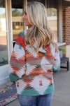 Multicolor Aztec Print Zipped Split Neck Hoodie-Tops-MomFashion