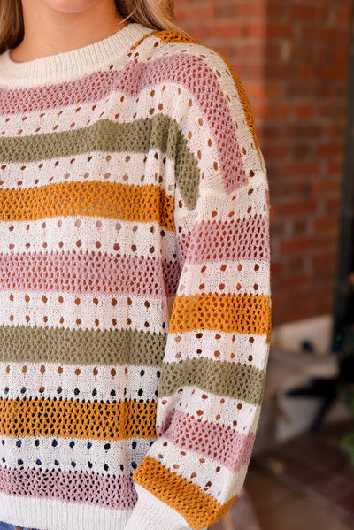 Multicolor Striped Hollowed Knitted Loose Sweater-Tops-MomFashion