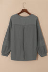 Gray Exposed Seam Patchwork Bubble Sleeve Waffle Knit Top-Tops-MomFashion