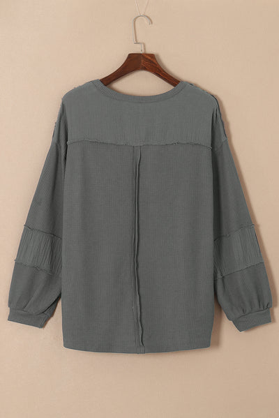 Gray Exposed Seam Patchwork Bubble Sleeve Waffle Knit Top-Tops-MomFashion