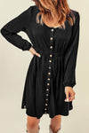 Black Button Up High Waist Long Sleeve Dress-Dresses-MomFashion