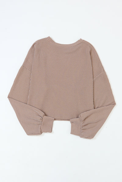 Khaki Cording Drop Shoulder Puff Sleeve Casual Long Sleeve Top-Tops-MomFashion