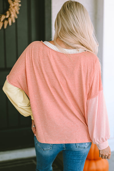 Striped Color Block Splicing Long Sleeve T Shirt-Tops-MomFashion