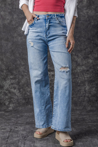 Light Blue High Rise Distressed Straight Leg Jeans-Bottoms-MomFashion