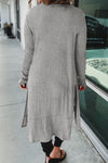 Gray Ribbed Button-Up Split Duster Cardigan-Tops-MomFashion