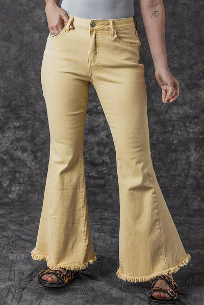 Khaki Raw Edge Mid Waist Flared Jeans-Bottoms-MomFashion