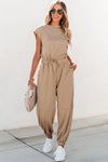 Light French Beige Cap Sleeve Open Back Drawstring Jogger Jumpsuit-Bottoms-MomFashion