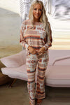 Multicolour Aztec Print Puff Sleeve Pullover and Pants Lounge Outfit-Loungewear-MomFashion