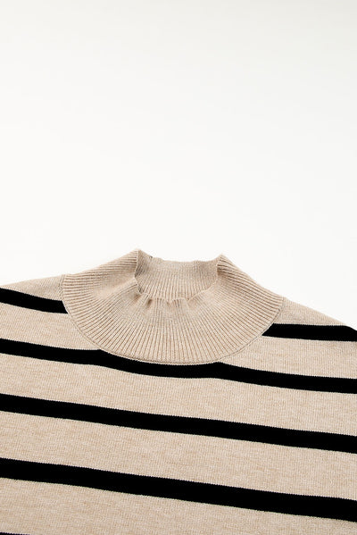 Khaki Striped Mock Neck Bell Sleeve Knit Sweater-Tops-MomFashion