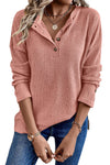 Rose Tan Rib Textured Henley Knit Top-Tops-MomFashion