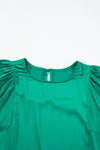 Green Satin Puff Long Sleeve Crewneck Blouse-Tops-MomFashion