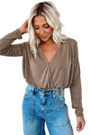 khaki Wrap V Neck Pleated Long Sleeve Bodysuit-Tops-MomFashion