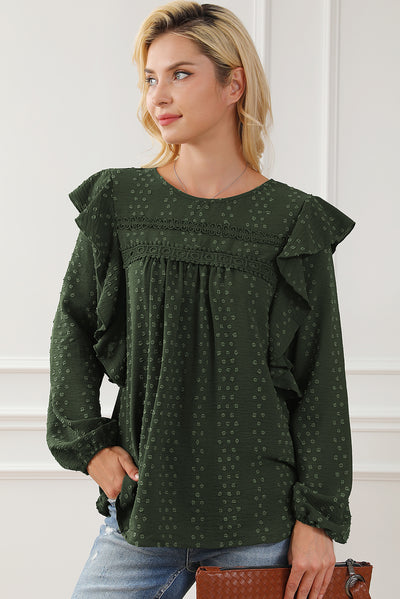 Blackish Green Lace Eyelet Ruffle Shoulder Long Sleeve Blouse-Tops-MomFashion