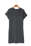 Gray Striped Ribbed Knit T-shirt Shift Dress-Dresses-MomFashion