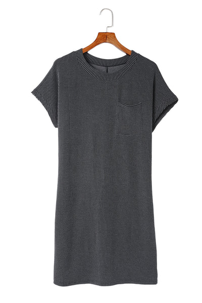 Gray Striped Ribbed Knit T-shirt Shift Dress-Dresses-MomFashion