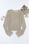 Khaki Hollow-out Knit Long Sleeve Top-Tops-MomFashion