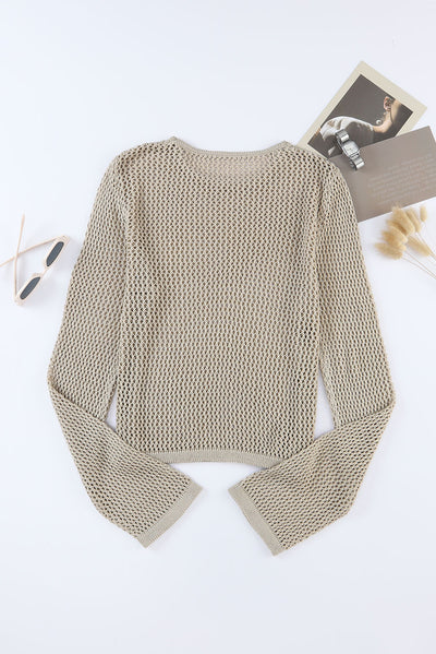 Khaki Hollow-out Knit Long Sleeve Top-Tops-MomFashion