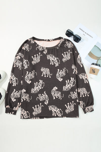 Lively Tiger Print Casual Sweatshirt-Tops-MomFashion