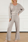 Khaki Ribbed Knit V Neck Slouchy Two-piece Outfit-Loungewear-MomFashion