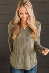 Jungle Green V Neck Buttoned Ribbed Knit Top-Tops-MomFashion