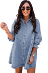 Sky Blue Buttoned Long Sleeve Denim Mini Dress-Dresses-MomFashion