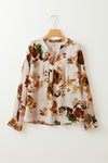 Apricot Gorgeous Floral Split Neck Flounce Sleeve Blouse-Tops-MomFashion