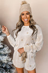 White Plush Star Pattern Long Sleeve Pullover and Shorts Lounge Set-Loungewear-MomFashion