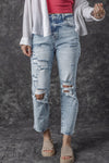 Sky Blue Light Wash Frayed Slim Fit High Waist Jeans-Bottoms-MomFashion