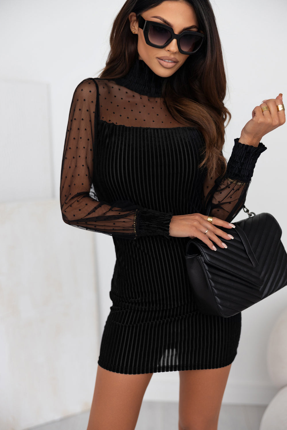 Black Dotted Mesh Striped Frilled Neck Bubble Sleeve Dress-Dresses-MomFashion