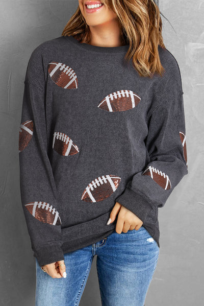 Gray Sequin Rugby Graphic Corded Baggy Sweatshirt-Graphic-MomFashion