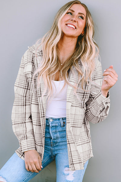 Khaki Plaid Removable Hood Buttoned Shacket-Outerwear-MomFashion