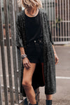 Black Sequin 3/4 Sleeve Open Front Duster Kimono-Outerwear-MomFashion