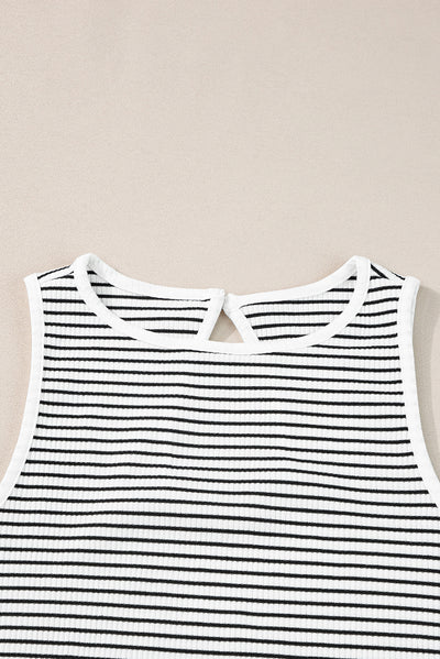 White Striped Print Ribbed Knit Sleeveless Top-Tops-MomFashion