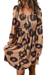 Leopard Print Button Front Bubble Sleeve Loose Knit Dress-Dresses-MomFashion