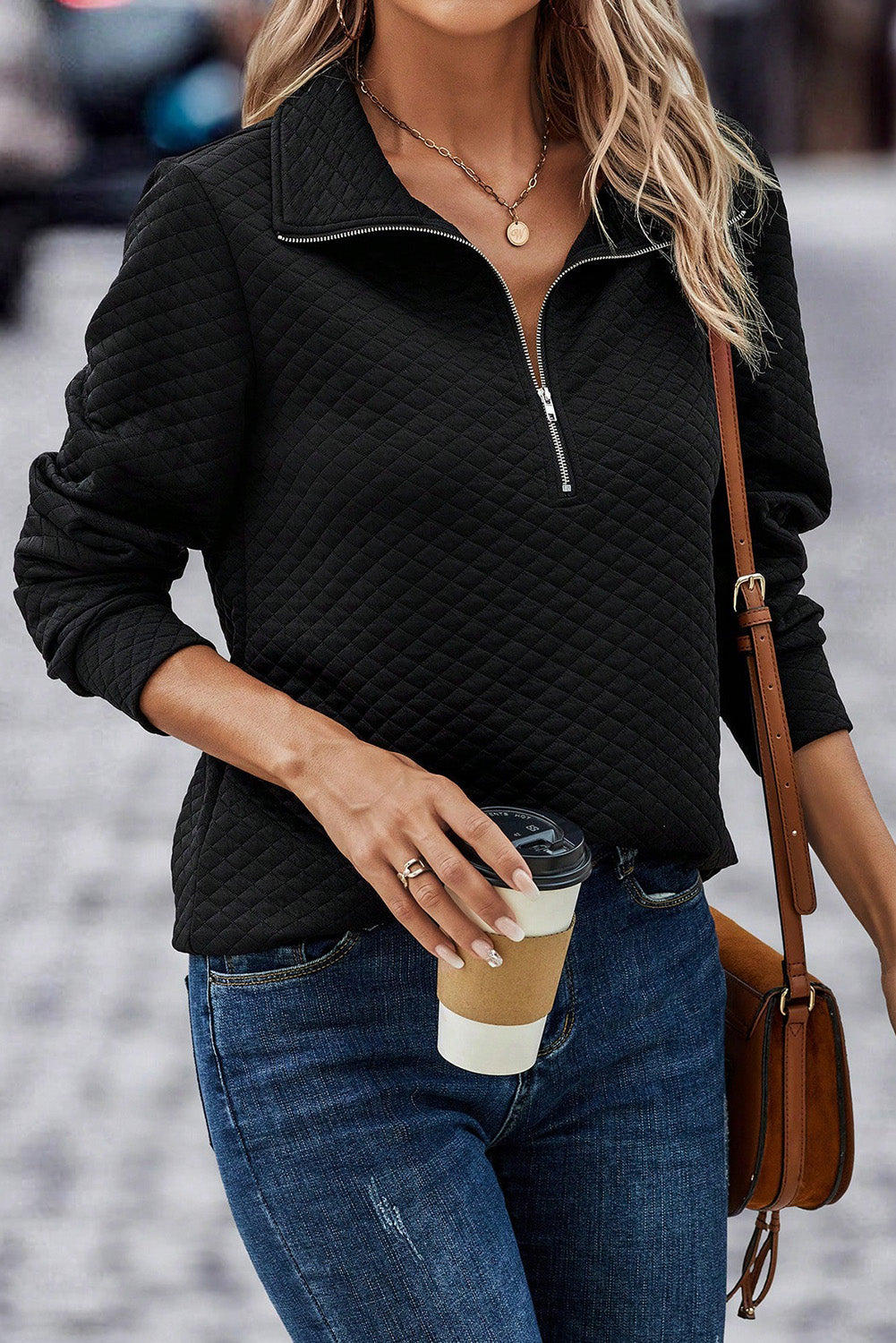 Black Solid Half Zipper Quilted Pullover Sweatshirt-Tops-MomFashion